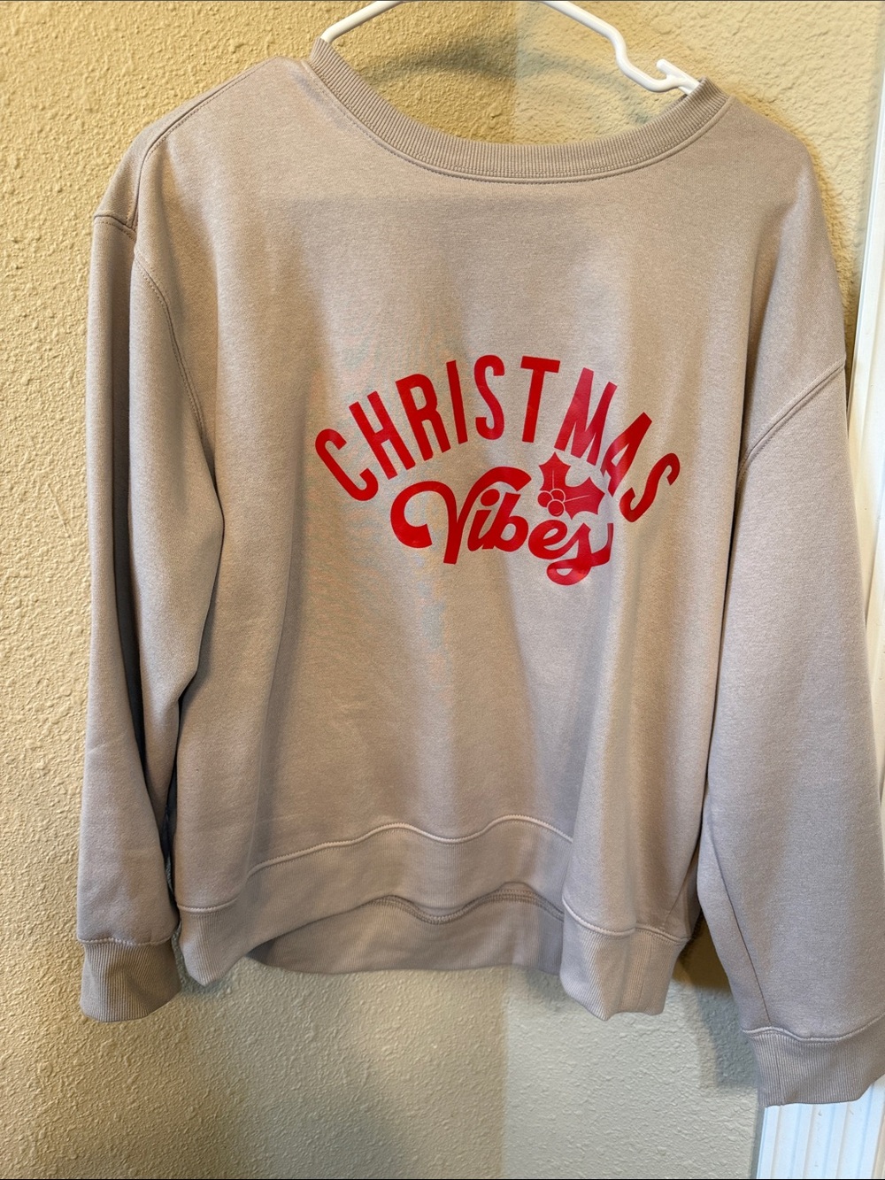 Christmas Vibes Crewneck Sweatshirt - Light Taupe with Red Graphic